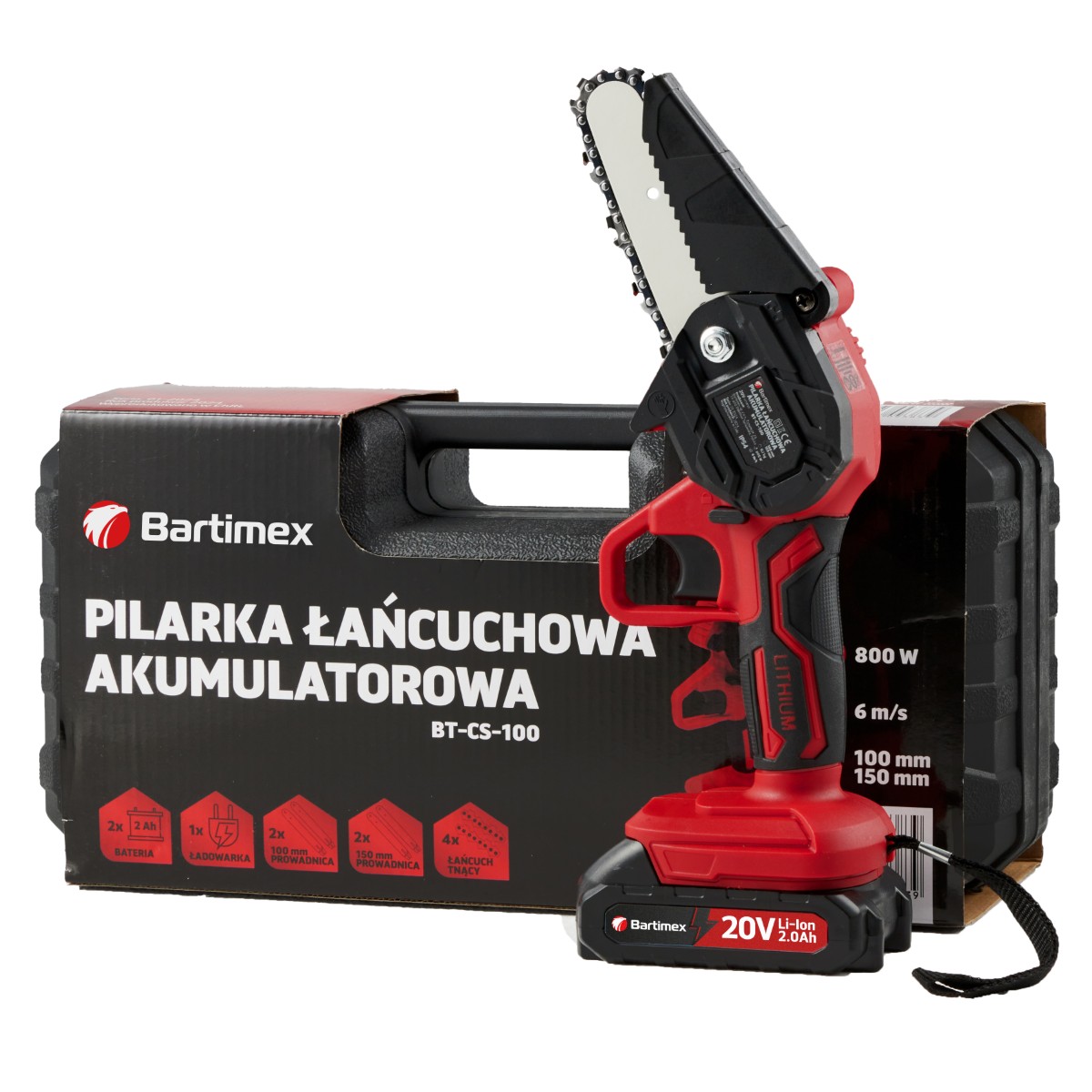 Akumulatorowa pilarka łańcuchowa marki Bartimex, model BT-CS-100, wraz z opakowaniem.